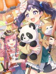 Rule 34 | + +, 2girls, absurdres, armor, artist request, blue skirt, daruma doll, frilled shirt, frills, green vest, helmet, highres, hinomoto hinatsu, holding, holding sword, holding weapon, hugging doll, hugging object, indoors, itou momiji, jacket, japanese armor, kabuto (helmet), katana, kodomo no hi, maneki-neko, mask, mask on head, medium hair, mole, mole under eye, multiple girls, neck ribbon, official art, open mouth, pink eyes, pink hair, pink jacket, print shirt, purple eyes, purple hair, red ribbon, ribbon, shine post, shirt, shorts, skirt, striped clothes, striped shorts, stuffed animal, stuffed dog, stuffed panda, stuffed toy, sweatdrop, sword, teeth, twintails, upper teeth only, vest, weapon, white shirt