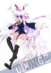 1girl absurdly_long_hair absurdres animal_ears black_thighhighs blue_jacket breasts character_name collared_shirt finger_gun full_body highres jacket long_hair long_sleeves medium_breasts necktie open_mouth pink_skirt pleated_skirt purple_hair rabbit_ears rabbit_girl rabbit_tail red_eyes red_necktie reisen_udongein_inaba shirt shoe_soles simple_background skirt solo stachz tail thighhighs touhou very_long_hair white_background white_shirt zoom_layer