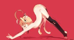 1girl absurdres animal_ear_fluff animal_ear_legwear bandaid bandaid_on_face bandaid_on_nose bandaid_on_thigh bandaids_on_nipples banira_(banirakushi) banirakushi between_legs black_hair black_thighhighs blonde_hair cat_ear_legwear cat_girl cat_hair_ornament cat_stretch cat_tail closed_eyes flat_chest from_side full_body hair_ornament highres multicolored_hair multiple_tails nude original pasties red_background short_hair stirrup_legwear stretching tail tail_between_legs thighhighs toeless_legwear top-down_bottom-up trembling two_tails