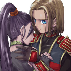 1boy 1girl armor belt_collar black_gloves black_shirt black_tank_top blue_eyes brown_gloves brown_hair cape collar commentary_request couple covered_collarbone dragon_quest dragon_quest_xi fingerless_gloves gloves green_collar hand_on_another&#039;s_back hero_(dq11) hetero high_ponytail hug looking_at_viewer looking_to_the_side martina_(dq11) medium_hair official_alternate_costume parted_hair pekuchin_(pekuchin_3) ponytail purple_hair red_armor red_cape serious shirt tank_top upper_body white_background