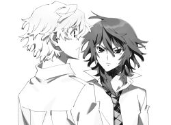 2boys closed_mouth collared_shirt dress_shirt expressionless greyscale hair_between_eyes high_collar honosuke_(tns4b) koide_natsuno looking_at_another male_focus monochrome multiple_boys mutou_tooru necktie school_uniform shiki_(novel) shirt short_hair simple_background tsurime upper_body white_background