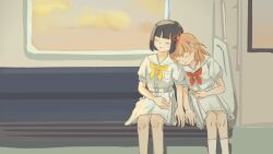 2girls black_hair blunt_bangs blunt_ends bob_cut breast_pocket cerise_bouquet closed_mouth commentary dress flower flower_knot hair_flower hair_ornament hashtag-only_commentary hasu_no_sora_school_uniform highres hinoshita_kaho kasaki_(zdp8dmaj7kb5tzv) leaning_on_person leaning_to_the_side link!_like!_love_live! love_live! medium_dress medium_hair momose_ginko multiple_girls neckerchief open_mouth orange_hair pink_flower pleated_dress pocket puffy_short_sleeves puffy_sleeves rabbit_hair_ornament red_neckerchief sailor_collar school_uniform short_hair short_sleeves sitting sleeping sleeping_upright smile socks summer_uniform train_interior two_side_up virtual_youtuber white_dress white_sailor_collar white_socks yellow_neckerchief