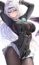 Rule 34 | 1girl, arms up, artist name, black pantyhose, blush, bodystocking, breasts, hair ornament, hairclip, highres, large breasts, long hair, long sleeves, looking at viewer, official alternate costume, pantyhose, parted lips, simple background, solo, toyoman, very long hair, white background, white hair, yellow eyes, yixuan (trails of ink) (zenless zone zero), yixuan (zenless zone zero), zenless zone zero