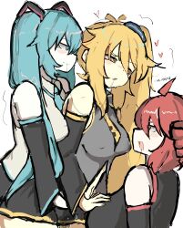 Rule 34 | 3girls, absurdres, after breast sucking, after kiss, ahoge, akita neru, aqua hair, aroused, blonde hair, fff threesome, fingering, group sex, hand in another&#039;s skirt, hatsune miku, highres, kasane teto, kasane teto (utau), m3link, miniskirt, multiple girls, pussy juice, red hair, saliva, saliva trail, side ponytail, skirt, threesome, triple baka (vocaloid), twintails, utau, vocaloid, yuri