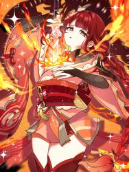 1girl absurdres alternate_color alternate_hair_color alternate_universe braid braided_ponytail breasts bridal_gauntlets commentary_request cowboy_shot electro_symbol_(genshin_impact) fire genshin_impact hair_ornament highres holding holding_sword holding_weapon human_scabbard japanese_clothes kimono large_breasts long_hair long_sleeves looking_at_viewer mole mole_under_eye musou_isshin_(genshin_impact) nail_polish obi obiage obijime oishii_sasa orange_eyes orange_kimono orange_nails parted_lips pyro_symbol_(genshin_impact) raiden_shogun red_hair red_thighhighs sash short_kimono shrug_(clothing) single_braid solo sword thighhighs twitter_username very_long_hair weapon wide_sleeves