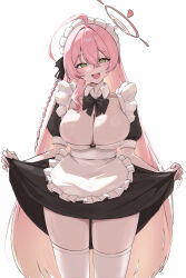 1girl absurdres alternate_costume apron black_bow black_bowtie black_dress blue_archive blush bow bowtie braid breasts commentary dress enmaided frilled_apron frills green_eyes hair_between_eyes hair_intakes halo ham_(hamparty) hanako_(blue_archive) highres large_breasts long_hair looking_at_viewer maid maid_apron maid_headdress open_mouth pink_hair pink_halo puffy_short_sleeves puffy_sleeves short_sleeves simple_background single_braid skindentation skirt_hold smile solo thighhighs thighs white_apron white_background white_headdress white_thighhighs