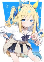 1girl :o ahoge animal_ears black_skirt blonde_hair blue_background blue_scrunchie brown_cardigan cardigan cardigan_around_waist clothes_around_waist commentary_request gyaru hair_ornament hair_scrunchie highres horse_ears horse_tail kogal long_hair looking_at_viewer neo_universe_(umamusume) one_side_up school_uniform scrunchie shirt skirt solo standing tail totomono two-tone_background umamusume v white_background white_shirt