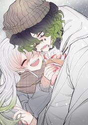 Rule 34 | 1boy, 1girl, absurdres, beanie, blue eyes, brother and sister, brown scarf, coat, daki (kimetsu no yaiba), food, green hair, grey coat, gyuutarou (kimetsu no yaiba), hat, highres, holding, holding food, kimetsu gakuen, kimetsu no yaiba, long hair, pink nails, rand (user cpvm2834), scarf, short hair, siblings, snowing, wavy hair, white hair, winter clothes, winter coat
