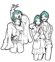 111521153115 2boys 2girls ^_^ absurdres aqua_hair arm_around_shoulder armband blazer brother_and_sister carrying closed_eyes collared_shirt cropped_legs cropped_torso finger_to_own_chin floyd_leech furrowed_brow genderswap genderswap_(mtf) gloves grin highres jacket jade_leech leather leather_gloves looking_at_viewer messy_hair multicolored_hair multiple_boys multiple_girls night_raven_college_uniform open_mouth partially_unbuttoned pleated_skirt princess_carry raised_eyebrows sharp_teeth shirt short_hair siblings simple_background skirt smile spot_color streaked_hair teeth thick_outlines twisted_wonderland v vest waistcoat white_background