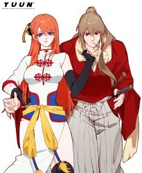 1boy 1girl aged_up artist_name assertive_female blue_eyes brown_hair china_dress chinese_clothes dress gintama highres japanese_clothes kagura_(gintama) katana kimono long_hair okita_sougo orange_hair red_eyes red_kimono signature sword weapon yuun_(yuun0110)