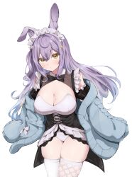 1girl absurdres amaya_kashi animal_ear_fluff animal_ears asymmetrical_legwear black_bow black_bowtie black_dress blue_cardigan bow bowtie breasts cable_knit cardigan cleavage closed_mouth commission cowboy_shot crescent crescent_hair_ornament crossed_bangs dot_mouth dress fishnet_thighhighs fishnets frilled_dress frills gradient_cardigan hair_ornament high_heels highres hitsujisnow indie_virtual_youtuber large_breasts long_hair looking_at_viewer maid_headdress mismatched_legwear mole mole_on_breast mole_under_eye multiple_moles off_shoulder one_side_up open_cardigan open_clothes puffy_short_sleeves puffy_sleeves purple_cardigan purple_hair rabbit_ears rabbit_girl second-party_source short_sleeves showgirl_skirt sidelocks simple_background sitting skeb_commission sleeves_past_fingers sleeves_past_wrists solo star_(symbol) star_hair_ornament teeth thighhighs two-tone_dress upper_teeth_only virtual_youtuber white_background white_dress white_thighhighs yellow_eyes