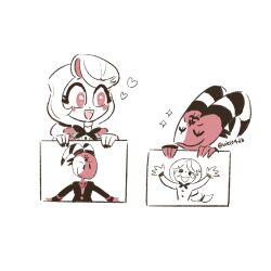 Rule 34 | 1boy, 1girl, blitzo (helluva boss), bow, bowtie, charlie morningstar, chigu (viel04db), closed eyes, closed mouth, collared jacket, cropped torso, demon boy, demon horns, drawing (object), dress shirt, greyscale, hazbin hotel, heart, hellaverse, helluva boss, highres, holding, holding paper, horns, in-franchise crossover, jacket, lapels, low ponytail, monochrome, nail polish, notched lapels, open mouth, paper, ponytail, red eyes, red jacket, shirt, simple background, smile, sparkle, spot color, striped horns, swept bangs, tareme, teeth, traditional bowtie, turtleneck, turtleneck shirt, twitter username, upper teeth only, white background