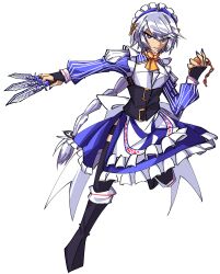 1girl absurdres apron black_boots blue_eyes blue_nails boots bow braid highres holding holding_knife holding_stopwatch holding_weapon izayoi_sakuya jongk_ok knife long_hair long_sleeves maid maid_apron maid_headdress roman_numeral single_braid solo stopwatch touhou transparent_background watch weapon white_bow white_hair