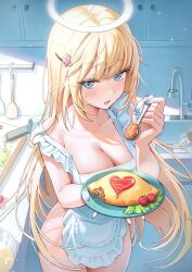 1girl apron bella_(kira78718520) blonde_hair blue_eyes blush breasts cleavage collarbone commentary_request food hair_ornament hairclip halo heart heart_hair_ornament highres holding holding_plate indoors kira_(kira78718520) kitchen large_breasts looking_at_viewer naked_apron open_mouth original plate solo
