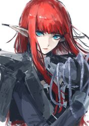 1girl black_cloak black_jacket blue_eyes blunt_bangs character_request cloak closed_mouth copyright_request highres jacket long_hair looking_at_viewer pointy_ears red_hair sanshoku_dango_(shukosuko) sidelocks solo upper_body