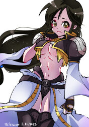 1girl armor artist_name black_hair black_thighhighs breasts brown_eyes cosplay cowboy_shot dated final_fantasy final_fantasy_ix garnet_til_alexandros_xvii gloves half_gloves hand_on_own_chest highres kuja kuja_(cosplay) long_hair medium_breasts midriff navel shikiwo shoulder_armor solo thighhighs underboob white_background white_sleeves