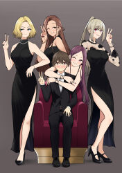 1boy 4girls absurdres armchair bad_tag black_dress black_jacket black_nails black_pants black_shoes blonde_hair blue_eyes blush bracelet breasts brown_eyes brown_hair chair closed_mouth collarbone collared_shirt couch curtained_hair dress dress_shoes earrings forehead formal_clothes green_hair grey_background grey_necktie grin group_picture hair_ornament hairclip hamazaki_reina hamazaki_risa hand_on_own_hip hand_on_own_thigh hand_up harem high_heels high_ponytail highres hoop_earrings hug hug_from_behind imaizumi_(imaizumin-chi) imaizumin-chi_wa_douyara_gal_no_tamariba_ni_natteru_rashii jacket jewelry kurumizaka_ruri lace lace_dress large_breasts layered_sleeves long_dress long_sleeves looking_at_viewer looking_to_the_side multiple_girls nail_polish necklace necktie nori_gorou nose_blush on_chair on_couch one_eye_closed pants parted_bangs pearl_necklace pink_eyes pink_nails ponytail purple_hair red_nails sasaki_yukina see-through_cleavage see-through_clothes see-through_dress see-through_sleeves shirt shoes short_hair side_slit sidelocks sitting sleeveless sleeveless_dress smile spaghetti_strap standing suit suit_jacket sweatdrop turning_head v v-shaped_eyebrows very_short_hair white_shirt wing_collar