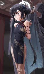 1boy 1girl a_tea arms_behind_back bare_shoulders black_hair blue_archive blush breasts china_dress chinese_clothes coat dark-skinned_male dark_skin double_bun dress grey_eyes hair_bun halo highres kisaki_(blue_archive) long_hair shibari shibari_over_clothes small_breasts twintails very_long_hair
