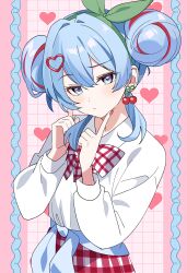 1girl absurdres blue_eyes blue_hair blue_jacket bow bow_hairband bowtie cherry_pop_(vocaloid) clothes_around_waist double-parted_bangs double_bun dress_shirt earrings fingernails food-themed_earrings green_hairband hair_between_eyes hair_bun hair_ornament hairband hatsune_miku heart heart_hair_ornament highres hutaba_haru jacket jacket_around_waist jewelry long_sleeves multicolored_hair nail_polish plaid_bow plaid_bowtie plaid_clothes plaid_skirt red_hair red_nails shirt skirt streaked_hair vocaloid
