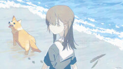 Rule 34 | 1girl, absurdres, adversarial noise, beach, black shirt, brown eyes, brown hair, commentary request, dated, dog, from above, from behind, hair between eyes, highres, long hair, one side up, original, paw print, sailor collar, sand, sankakkee, shirt, shore, sidelocks, signature, sleeves rolled up, solo, twitter username, walking, water, watermark, welsh corgi, white sailor collar