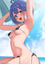 1girl :d absurdres ahoge armpits arms_up beach bikini blue_eyes blue_hair blue_sky blush bob_cut cloud commentary_request covered_erect_nipples danjo_no_yuujou_wa_seiritsu_suru? day highres inuzuka_himari kenja_panda micro_bikini navel ocean open_mouth outdoors short_hair sitting sky smile solo swimsuit thighs tongue untied_bikini_bottom