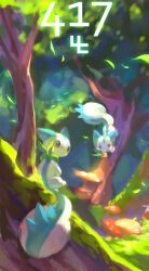 :3 berry_(pokemon) brad_(16325) brown_eyes cheri_berry closed_mouth day dot_nose faux_traditional_media forest gen_4_pokemon highres moss mushroom nature nintendo no_humans outdoors pachirisu pokemon pokemon_(creature) tree