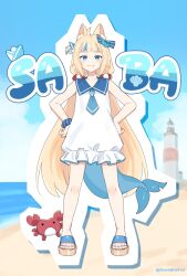 1girl ahoge animal animal_ear_fluff blonde_hair blue_eyes crab dress fins fish fish_tail hair_ornament highres indie_virtual_youtuber long_hair melodyguru multicolored_hair sameko_saba streaked_hair tail twintails very_long_hair virtual_youtuber