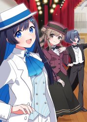 3girls :d ascot binchou_maguro black_bow black_bowtie black_jacket black_pants black_ribbon black_shoes black_skirt blue_ascot blue_eyes blue_hair blue_ribbon bow bowtie brown_eyes brown_hair buttons cevio closed_mouth collared_shirt commentary_request double-breasted futaba_minato hand_up hat hat_ribbon highres jacket long_hair long_sleeves looking_at_viewer multiple_girls open_clothes open_jacket open_mouth pants red_hat red_jacket ribbon satou_sasara shirt shoes short_hair skirt smile standing suzuki_tsudumi white_hat white_jacket white_shirt