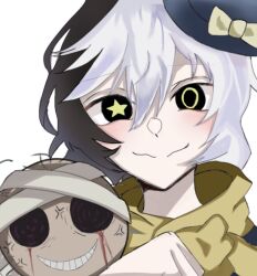 Rule 34 | 1other, bandaged head, bandages, basin, black hair, blood, blood on face, blush, bungou stray dogs, closed mouth, collared jacket, hands up, hat, jacket, long hair, looking at viewer, multicolored hair, open mouth, puppet, smile, star-shaped pupils, star (symbol), symbol-shaped pupils, teeth, transparent background, two-tone hair, white hair, yellow jacket, yumeno kyuusaku