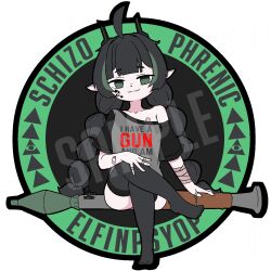 Rule 34 | 1girl, :3, ahoge, bandaged arm, bandages, black horns, black thighhighs, braid, character name, crossed legs, elf, elfinpsyop, facial mark, green eyes, green hair, grey shirt, highres, horns, indie virtual youtuber, long hair, looking at viewer, mettoretto, multicolored hair, pointy ears, rocket launcher, rpg (weapon), shirt, simple background, sitting, solo, streaked hair, thighhighs, twin braids, virtual youtuber, weapon, white background