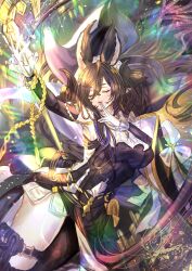 Rule 34 | 1girl, 2025, animal ears, banamons, blue hair, brown hair, closed eyes, dated, extra ears, galleon (granblue fantasy), gloves, granblue fantasy, highres, horns, lens flare, multicolored hair, pointy ears, signature, solo, streaked hair, white gloves