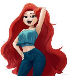 arm_behind_head blue_eyes chelsea_van_der_zee crop_top denim hand_on_own_hip highres jeans keramagath non-web_source pants red_hair ruby_gillman:_teenage_kraken smile