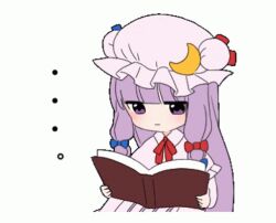 ... 1girl animated animated_gif blue_bow book bow crescent crescent_hat_ornament hair_bow hat hat_ornament holding holding_book long_hair looping_animation lowres mob_cap patchouli_knowledge purple_eyes purple_hair purple_hat reading red_bow sabusuke_t sidelocks simple_background solo source_request third-party_source touhou white_background