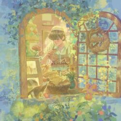 1boy animal bakery black_hair cat croissant day eniddin flower foliage food from_outside holding holding_croissant ivy lamp moss open_window original pastry plant potted_plant shop short_hair smile stone_wall table window windowsill