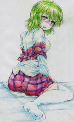 1girl absurdres bad_feet bad_id bad_pixiv_id blush breasts brown_eyes colored_pencil_(medium) commentary_request female_focus green_hair highres kazami_yuuka large_breasts long_sleeves looking_at_viewer looking_back nichibotsu_(kitaziman) off_shoulder open_clothes open_mouth open_vest pee peeing peeing_self shirt sitting skirt solo tears thighhighs touhou traditional_media vest wariza white_thighhighs zettai_ryouiki