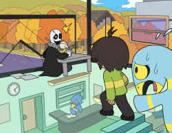 1other 2boys ambiguous_gender berdly_(deltarune) brown_hair cup_ramen deltarune food furry highres houten_(dre_a_mer) instant_ramen kris_(deltarune) multiple_boys noodles panicking pouring ramen short_hair striped_clothes striped_sweater surreal sweater tea teapot w.d._gaster