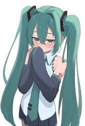 1girl absurdres aqua_eyes aqua_hair aqua_necktie bare_shoulders black_skirt black_sleeves blush detached_sleeves funakinuta hair_between_eyes hands_up hatsune_miku highres long_hair looking_at_viewer necktie shirt simple_background skirt sleeveless sleeveless_shirt solo solo_focus tie_clip twintails upper_body very_long_hair vocaloid white_background white_shirt