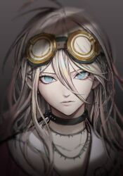 1girl absurdres antenna_hair barbed_wire black_choker blonde_hair blue_eyes choker closed_mouth commentary danganronpa_(series) danganronpa_v3:_killing_harmony expressionless eyelashes goggles goggles_on_head grey_background hair_between_eyes highres iruma_miu lips long_hair looking_at_viewer moona_59 pink_shirt portrait ringed_eyes school_uniform shirt solo