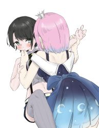 2girls black_hair blue_dress blush commentary_request crescent crown dress gradient_clothes gradient_dress grey_legwear hand_on_another&#039;s_chin highres himemori_luna himemori_luna_(sundress) holding_another&#039;s_wrist hololive looking_at_another medium_hair midriff mini_crown multiple_girls navel oozora_subaru oozora_subaru_(work) pink_hair pinkucatjs short_hair shoulder_blades star_(symbol) thighhighs virtual_youtuber white_background yuri