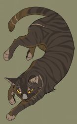 Rule 34 | absurdres, animal, animal focus, brown cat, cat, commentary request, fugu (fugusunburst55), green background, highres, leafpool, looking at viewer, lying, no humans, simple background, solo, tail, warrior cats, whiskers, yellow eyes