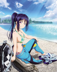 1girl artbook bag barefoot beach bikini bikini_top_only blue_sky blush bodysuit breasts cleavage cloud day diving_suit english_text hand_on_own_knee highres leaf leaf_print long_hair looking_at_viewer love_live! love_live!_sunshine!! maple_leaf maple_leaf_print matsuura_kanan medium_breasts mount_fuji mountain non-web_source ocean official_art outdoors ponytail print_bikini purple_eyes purple_hair shoes sitting sky smile sneakers solo sunlight swimsuit unworn_shoes utility_pole wet wetsuit