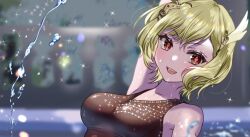 Rule 34 | 1girl, alternate costume, armpits, bare shoulders, blonde hair, breasts, brown one-piece swimsuit, citrinne (fire emblem), cleavage, fire emblem, fire emblem engage, hair ornament, highres, looking at viewer, medium breasts, mu tu bu, nintendo, one-piece swimsuit, open mouth, pool, red eyes, solo, swimming, swimsuit, water, wing hair ornament