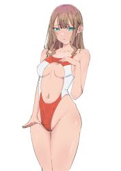 1girl absurdres ari_87 bare_shoulders breasts brown_hair closed_mouth clothing_cutout collarbone finger_under_clothes green_eyes gridman_universe hand_on_own_chest highres looking_at_viewer medium_breasts midriff minami_yume one-piece_swimsuit simple_background sleeveless solo ssss.dynazenon stomach_cutout swimsuit thighs underboob white_background wide_hips