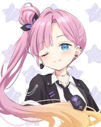1girl ;) absurdres anyoji_hime black_jacket black_necktie blonde_hair blue_eyes collarbone collared_shirt commentary_request cropped_torso curtained_hair earrings floating_earrings floating_neckwear gradient_hair hair_bun hair_intakes hanazora_satsuki highres i_do_me!_(love_live!) jacket jewelry link!_like!_love_live! long_hair looking_at_viewer love_live! mismatched_earrings multicolored_hair necktie official_alternate_costume official_alternate_hairstyle one_eye_closed open_clothes open_jacket parted_bangs pink_hair shirt short-sleeved_jacket short_sleeves side_ponytail single_side_bun smile solo star_(symbol) star_symbol_background stud_earrings upper_body very_long_hair virtual_youtuber white_shirt