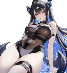 Rule 34 | 1girl, arm strap, arm support, asymmetrical horns, belt, between breasts, black hair, black one-piece swimsuit, black wings, blue hair, blush, breasts, candy, casual one-piece swimsuit, collarbone, colored inner hair, commentary, covered erect nipples, drooling, english commentary, facial mark, feathered wings, food, hair between eyes, halterneck, heart, heart facial mark, high ponytail, highres, hololive, hololive english, holonatsu paradise, horns, hot limit, large breasts, leaning back, lollipop, lollipop in mouth, long hair, looking at viewer, low-tied long hair, multicolored hair, nerissa ravencroft, nerissa ravencroft (holonatsu paradise), nyanyaqwi, o-ring, o-ring thigh strap, official alternate costume, one-piece swimsuit, ponytail, saliva, sidelocks, simple background, solo, sonic (series), sonic the hedgehog, swimsuit, thick thighs, thigh belt, thigh strap, thighs, uneven horns, very long hair, virtual youtuber, white background, wings