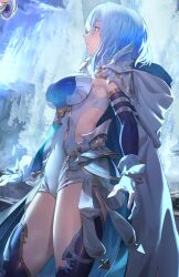 1girl blue_eyes blue_hair bodysuit breasts cowboy_shot dreizehn_(shadowverse) from_side highres large_breasts medium_hair ritaiya shadowverse solo white_bodysuit