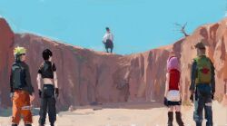 Rule 34 | 1girl, 4boys, black gloves, black hair, black shirt, blonde hair, brown hair, day, from behind, fuyumurasaki, gloves, green vest, haruno sakura, headband, highres, looking at another, midriff, multiple boys, naruto (classic), naruto (series), orange pants, outdoors, painterly, pants, red headband, red shirt, rock, shirt, short hair, uchiha obito, uchiha sasuke, uzumaki naruto, very short hair, vest