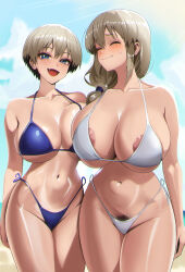 2girls absurdres areola_slip beach bikini blue_bikini blue_sky breasts closed_eyes collarbone day female_pubic_hair hair_between_eyes highleg highleg_bikini highres huge_breasts juuka_drawing large_areolae large_breasts mature_female medium_hair meme mom_and_her_daughter_(meme) mother_and_daughter multiple_girls nervous outdoors pubic_hair pubic_hair_peek short_hair side-tie_bikini_bottom sky standing sweatdrop swimsuit textless_version uzaki-chan_wa_asobitai! uzaki_hana uzaki_tsuki white_bikini