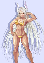1girl abs absurdres animal_ears bad_tag bikini boku_no_hero_academia breasts cleavage collarbone commentary dark-skinned_female dark_skin gold_bikini golden_week golden_week_bikini hand_on_own_hip hand_up highres large_breasts long_eyelashes long_hair looking_at_viewer mirko navel parted_bangs pideco purple_background rabbit_ears rabbit_girl red_eyes shadow side-tie_bikini_bottom smile solo stomach swimsuit tan thighs toned toned_female very_long_hair white_hair