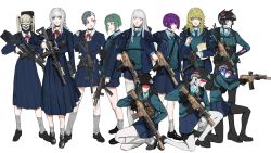 6+girls absurdres aiming aqua_eyes aqua_hair aqua_lips aqua_necktie aqua_sweater aqua_sweater_vest assault_rifle assault_visor black_footwear black_gloves black_hair black_headwear black_pantyhose blonde_hair blue_eyes blue_hair blue_jacket blue_shirt blue_skirt blunt_bangs chest_rig choker closed_mouth collared_shirt colt_9mm_smg cross cross_earrings cross_facial_mark dreadlocks earpiece earrings eating facial_mark fake_facial_hair fake_mustache full_body gloves green_hair grey_socks gun gun_sling h&amp;k_mp5sd hairband helmet highres holding jacket jewelry kneehighs laser_sight loafers long_hair long_sleeves looking_at_viewer m4_carbine magazine_(weapon) multiple_girls neck_ribbon necktie original pantyhose peinlike photo_inset pouch purple_eyes purple_hair purple_hairband red-tinted_eyewear red_eyes red_ribbon ribbon rifle school_uniform scope shirt shoes short_hair sidelocks simple_background skirt socks squatting standing submachine_gun suppressor sweater tactical_clothes teardrop_facial_mark thighhighs tinted_eyewear trigger_discipline twintails undercut union_jack wavy_hair weapon white_background white_eyes white_hair white_pantyhose white_shirt white_thighhighs